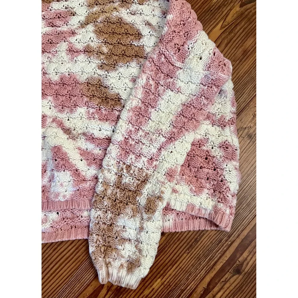 Versona Womens Pink Tan Tie Dye Chunky Open Knit V-Neck Sweater Size Medium